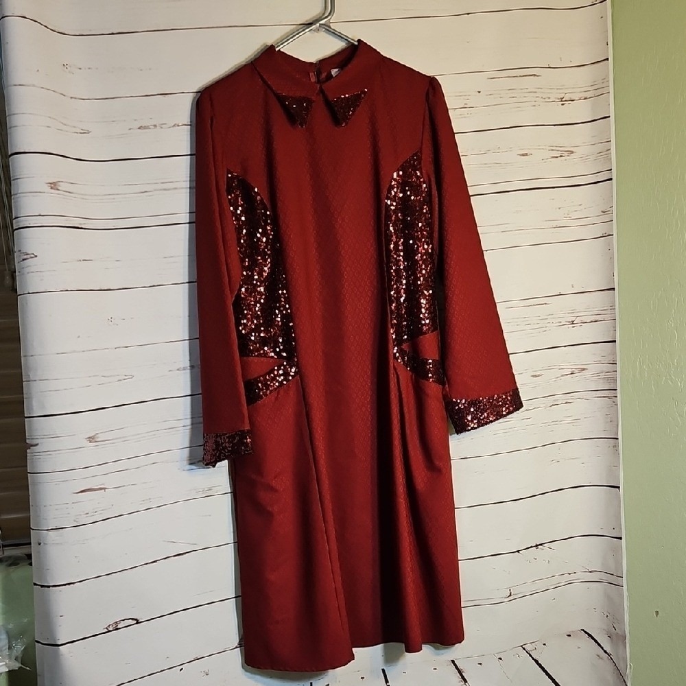 Refka Burgundy Sequin Accent Jacquard Long Sleeve Midi‎ Dress Size 44